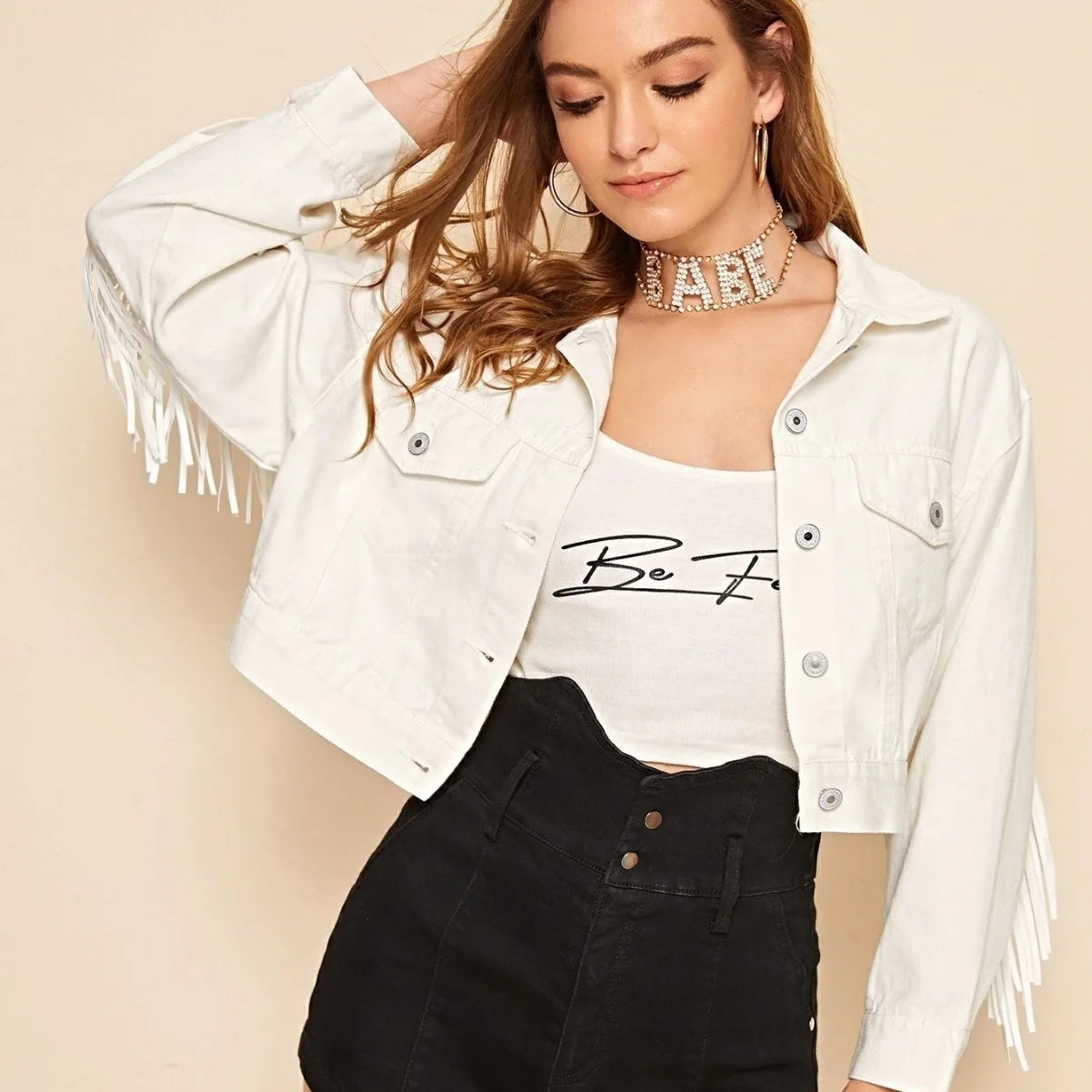 Vintage Jeansjacke mit Fransen – Kurze Damen Denim Jacke im Streetwear-Stil